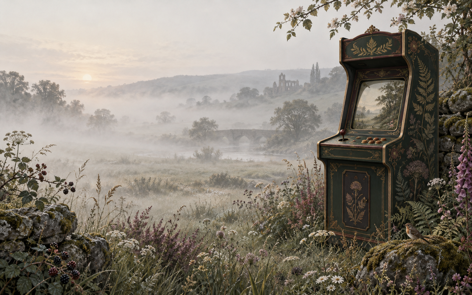 A botanical game cabinet standing in a misty English meadow