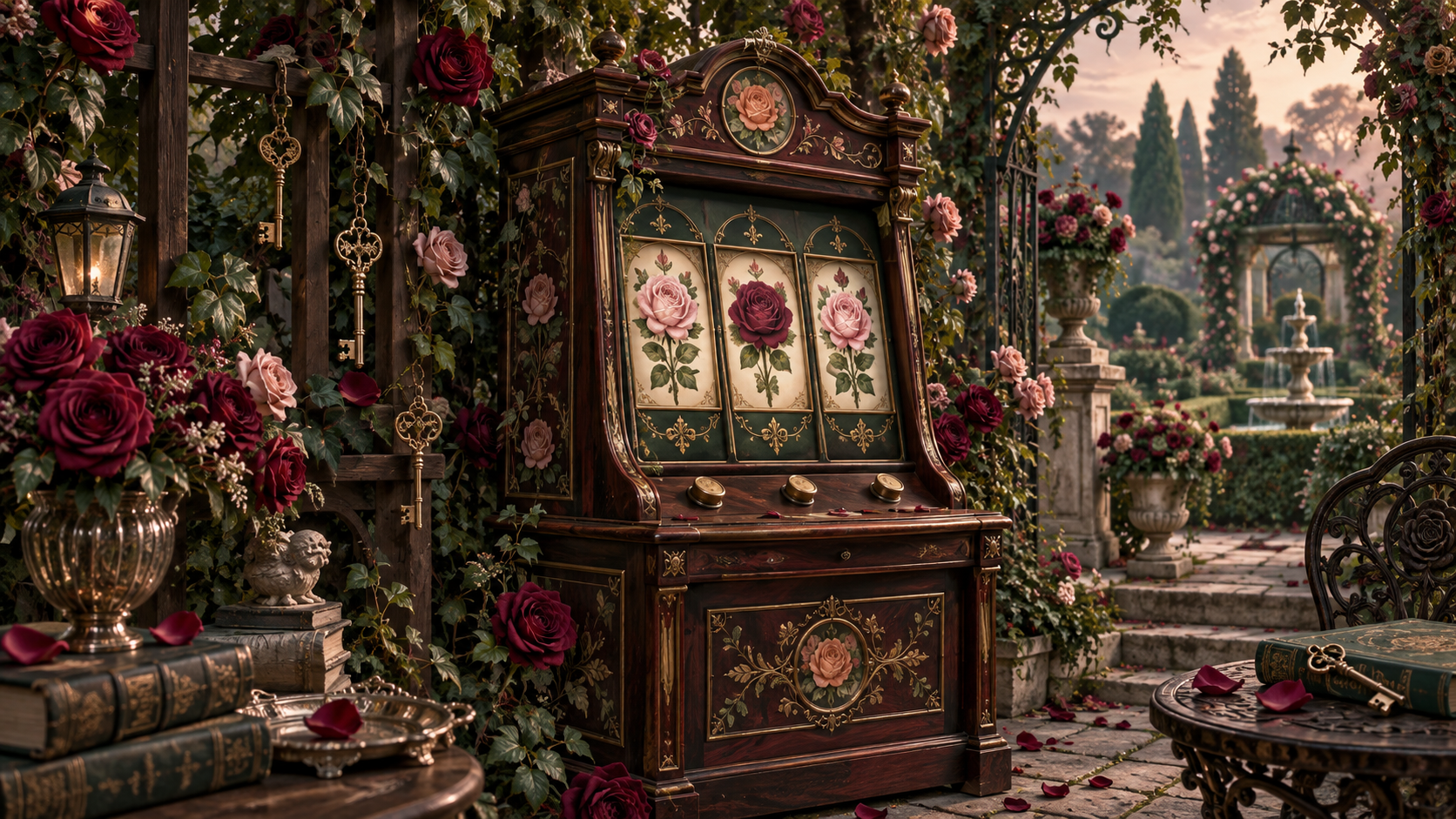 A botanical game cabinet among roses